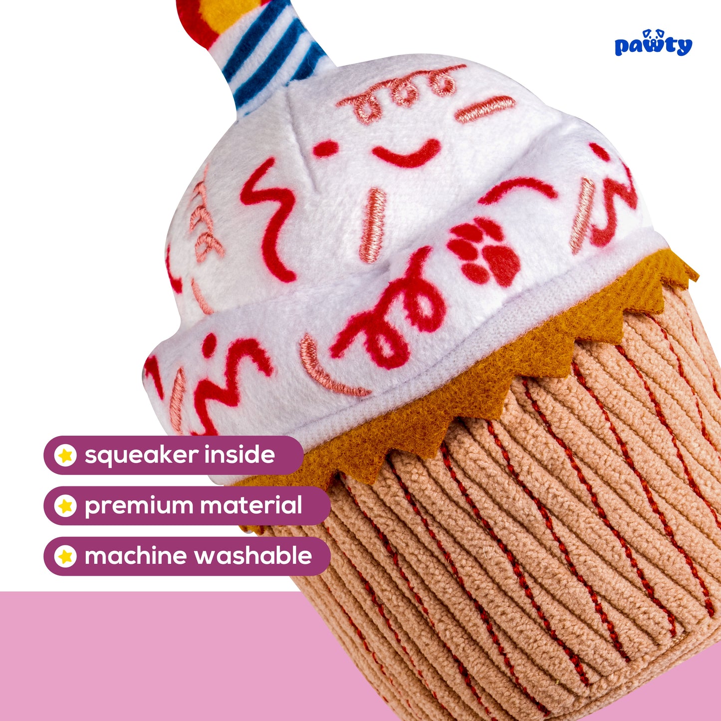 Pink cupcake dog toy side