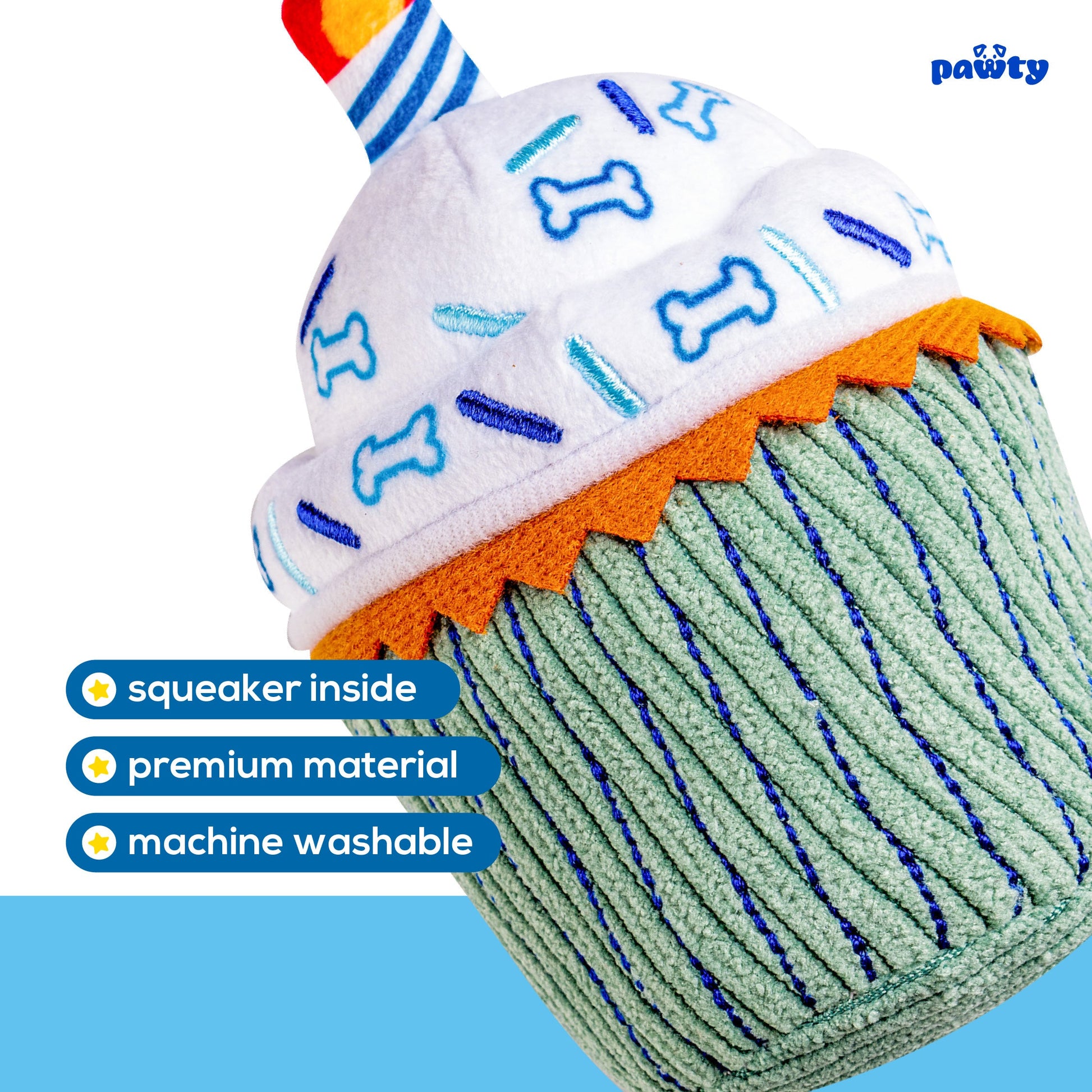 Blue cupcake dog toy side
