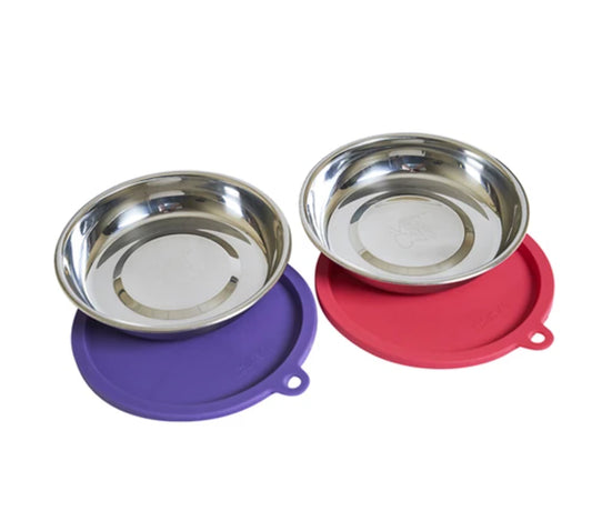 Two Stainless Saucer Shaped Cat Bowls and Two Silicone Lids for Cat Food Storage