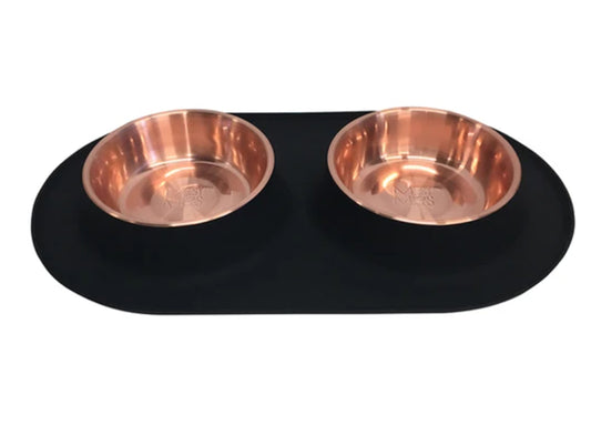 Double Silicone Dog Feeder with Copper Colored Bowls,1.5 Cups Per Bowl